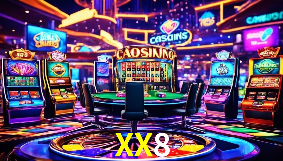 Escena dinámica inspirada en casino con iluminación XX8, cartas, fichas e íconos de juegos digitales en un espacio moderno de juegos.