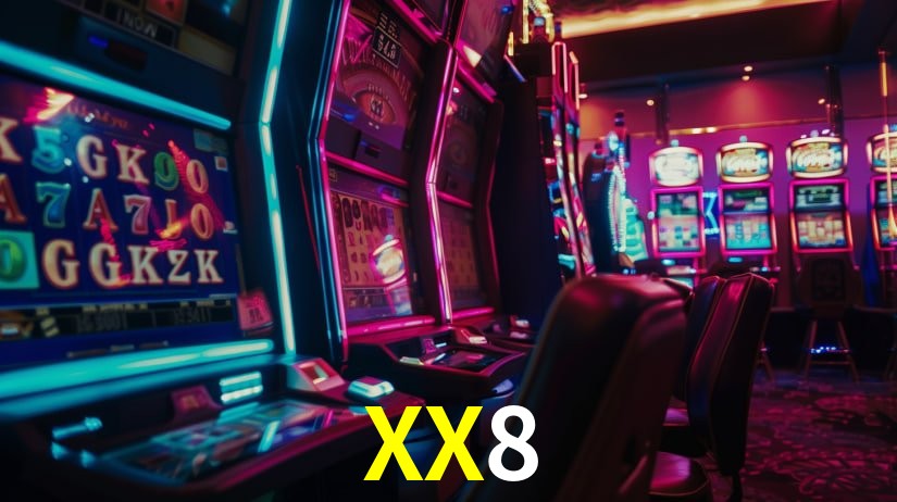 Una escena digital vívida inspirada en casino con XX8 mostrado prominentemente, luces brillantes, fichas, cartas y acentos dorados.