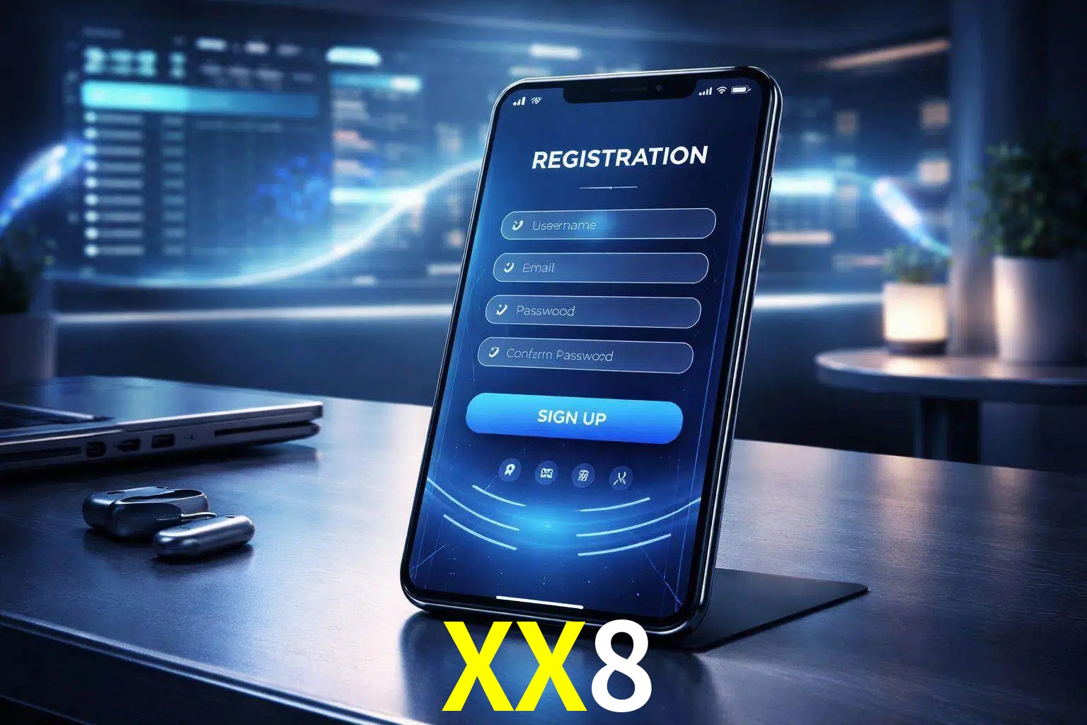 Una interfaz moderna de registro móvil para XX8 mostrada en un smartphone con un panel de apuestas elegante.